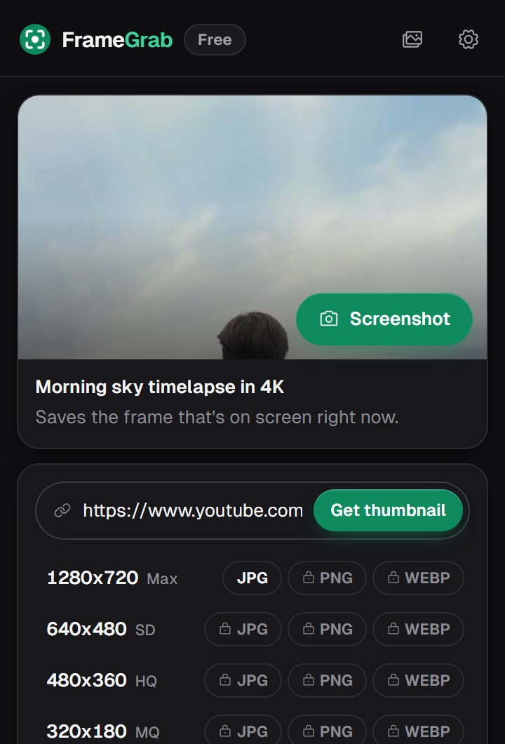 The FrameGrab popup on a YouTube video, with a Screenshot button and thumbnail sizes